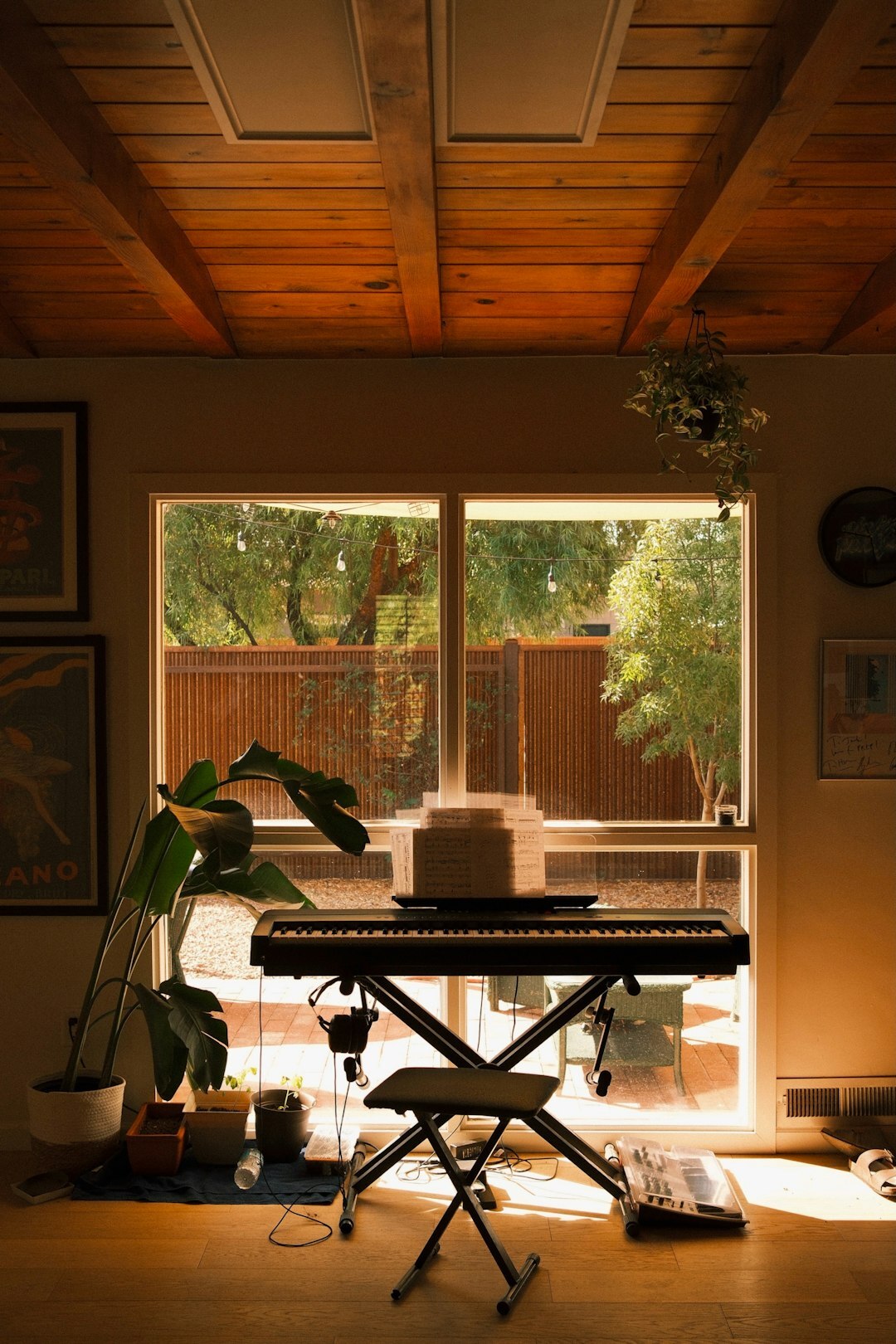 Modern home studio with instruments and desk